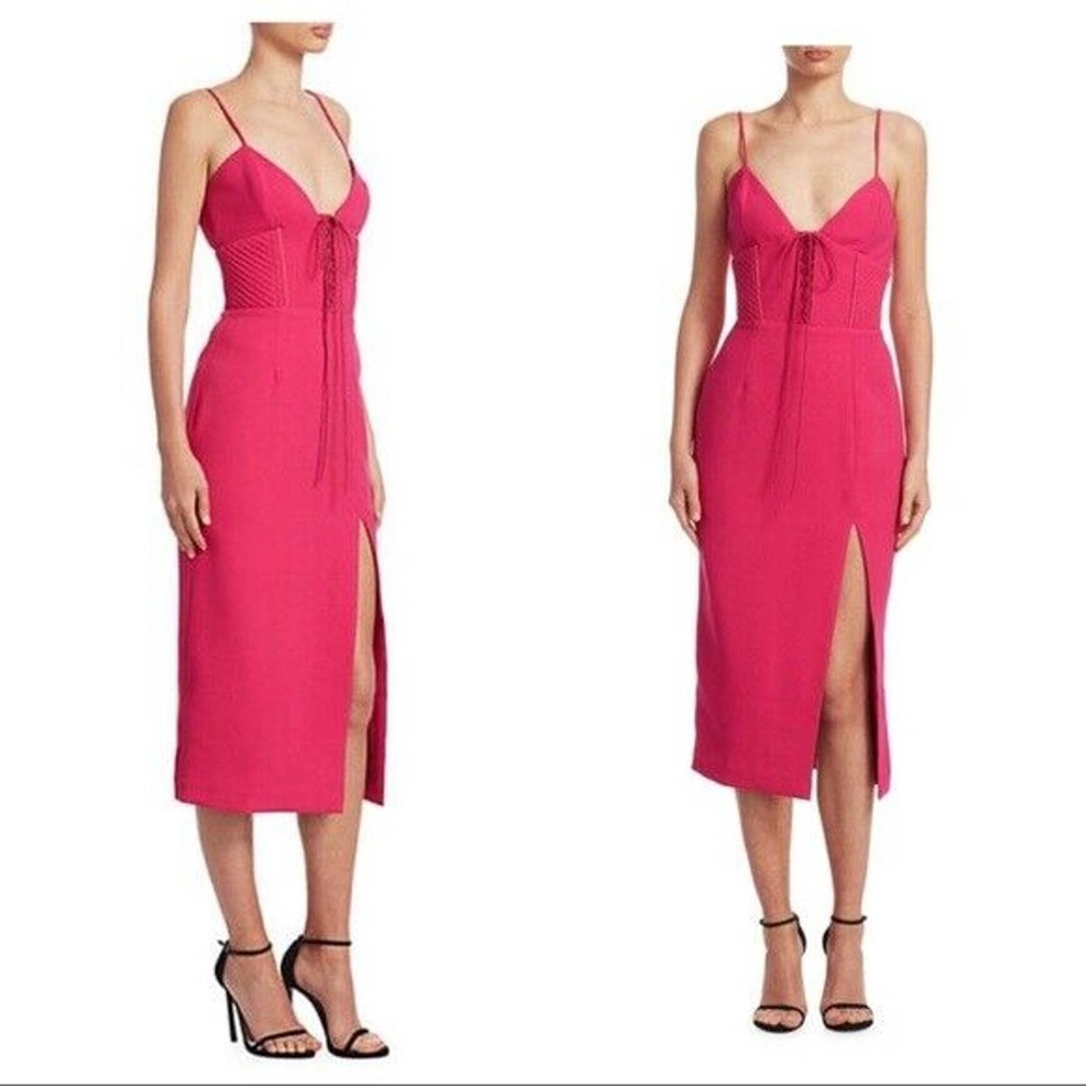 Nicholas Crepe Corset Dress Spaghetti Straps Front Slit Fuschia Pink Sz 6